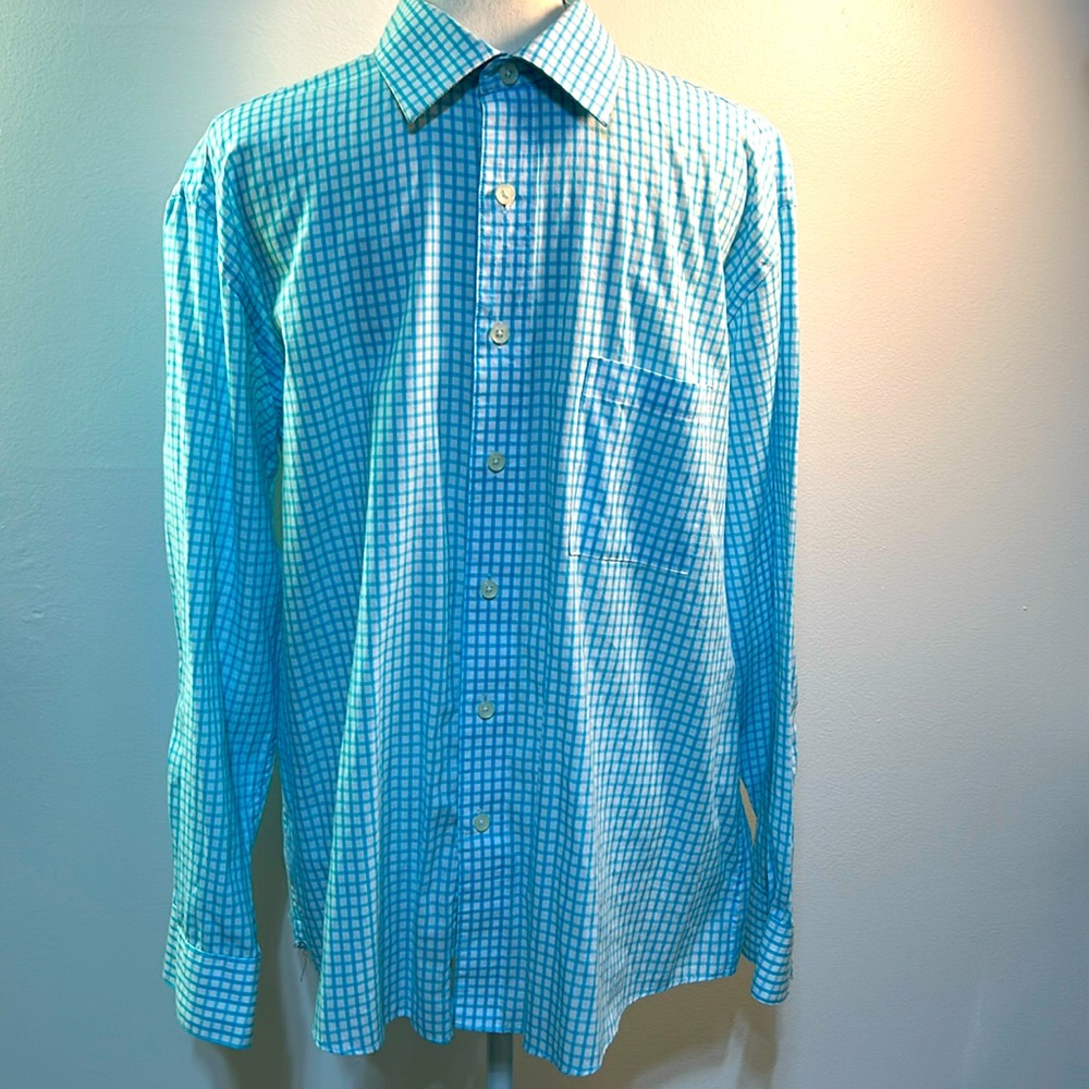 PIERRE CARDIN White/Aqua Plaid Men’s Large 16-16 1/2 LongSleeve Button Up Shirt.